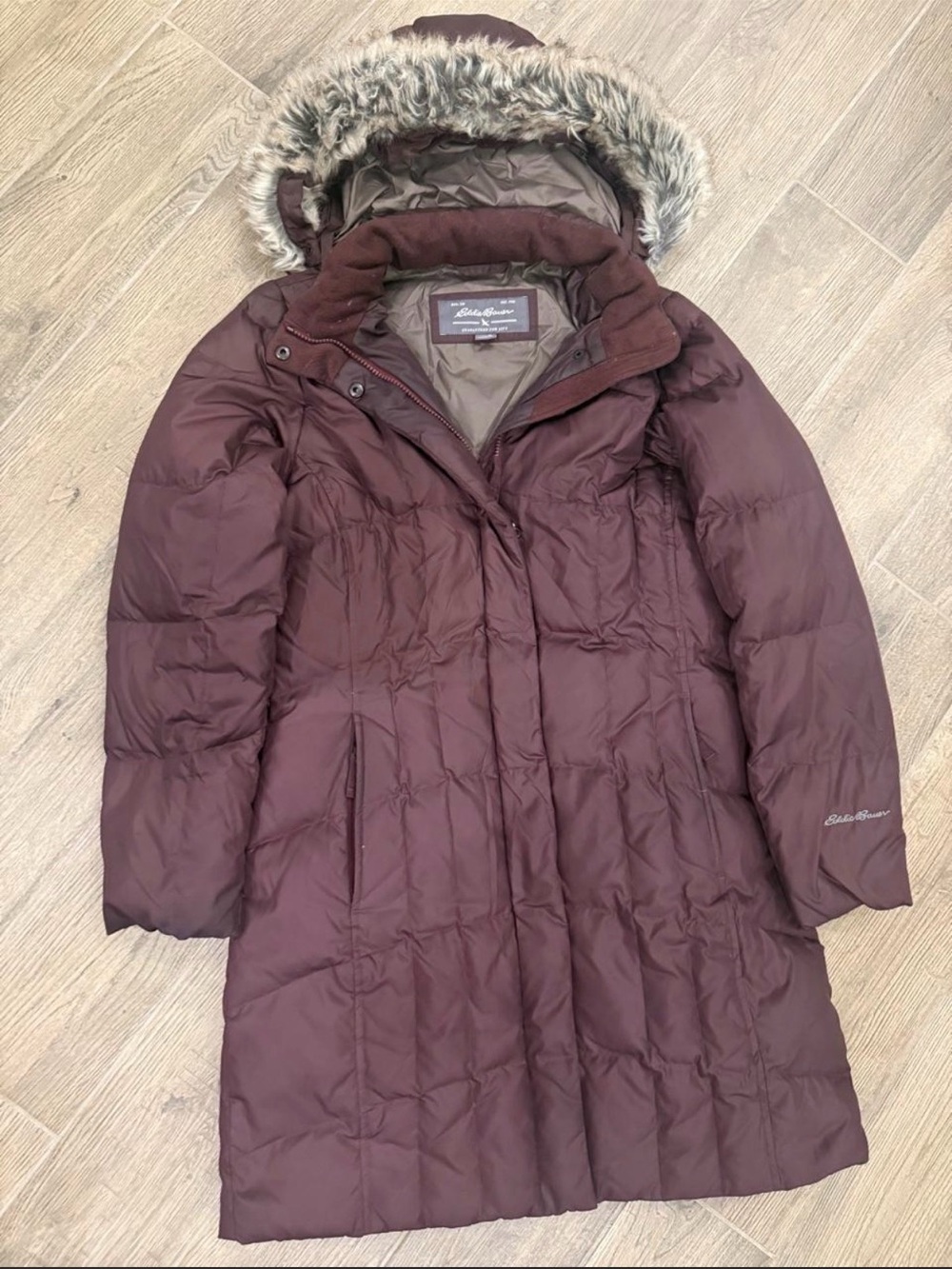 Eddie Bauer Women's Burgundy Quilted Long Puffer Coat with Faux-Fur Hood